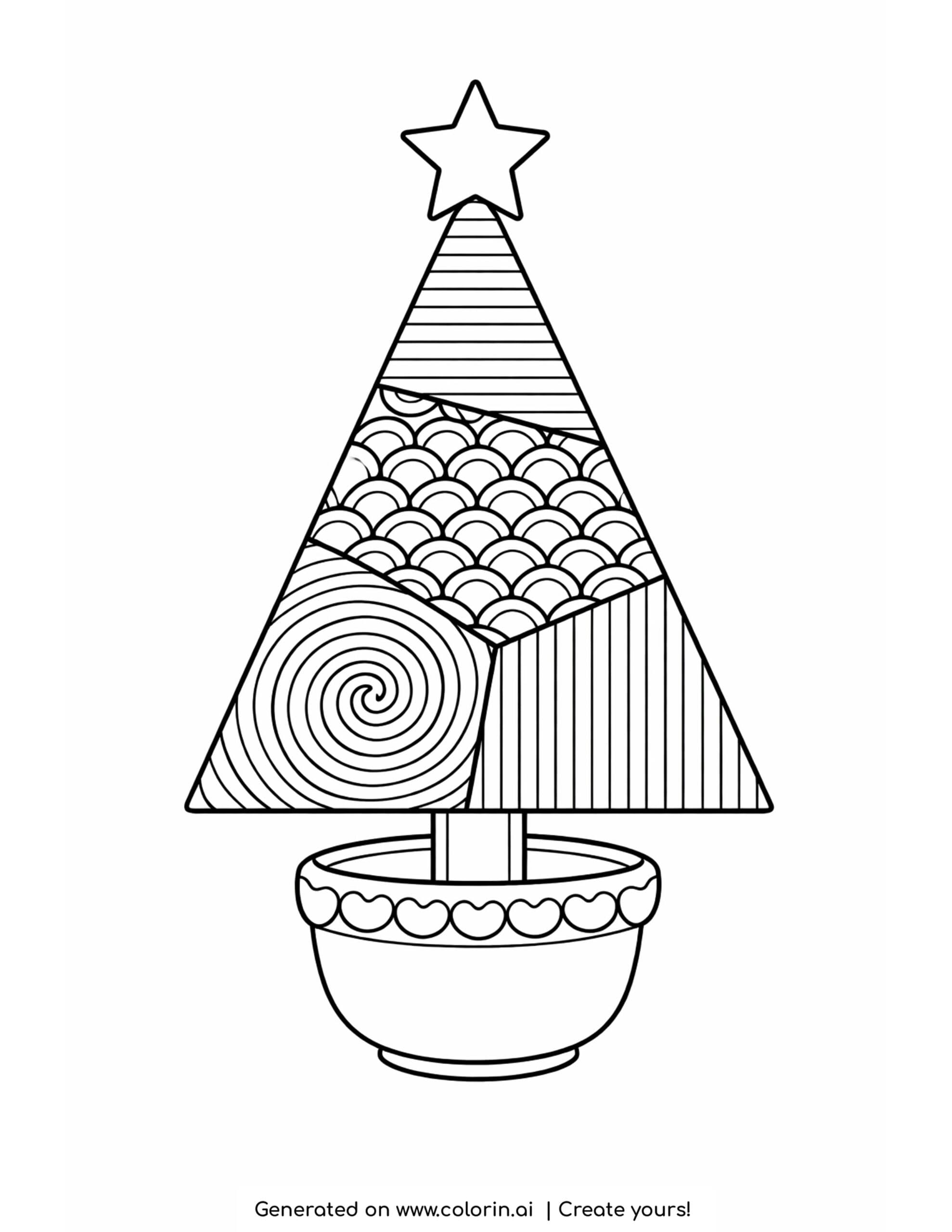 adult christmas coloring pages, a zentangle Christmas tree filled with patterned sections, a star on top, in a bowl