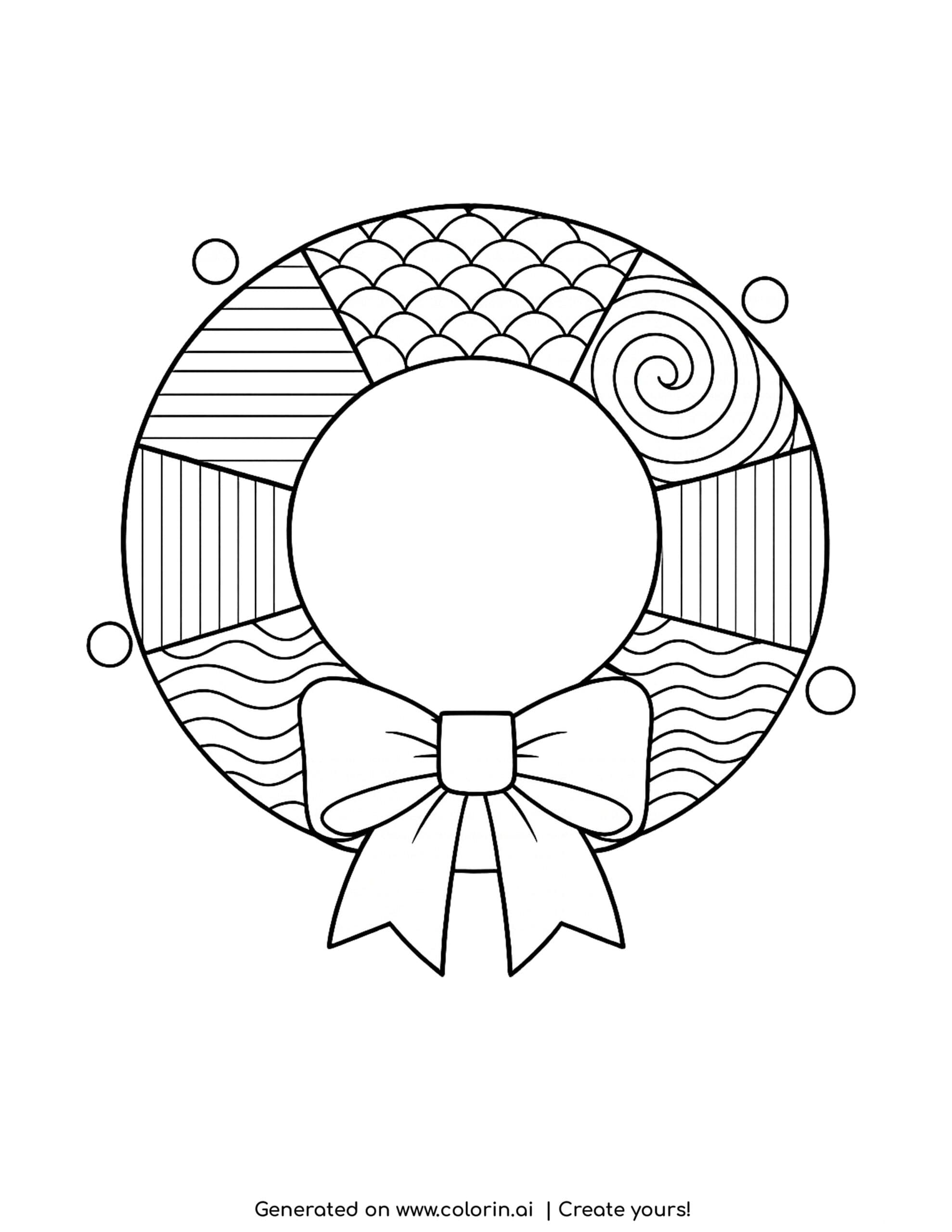 christmas coloring pages for adults, a zentangle wreath divided into patterned sections around a blank center with a bow