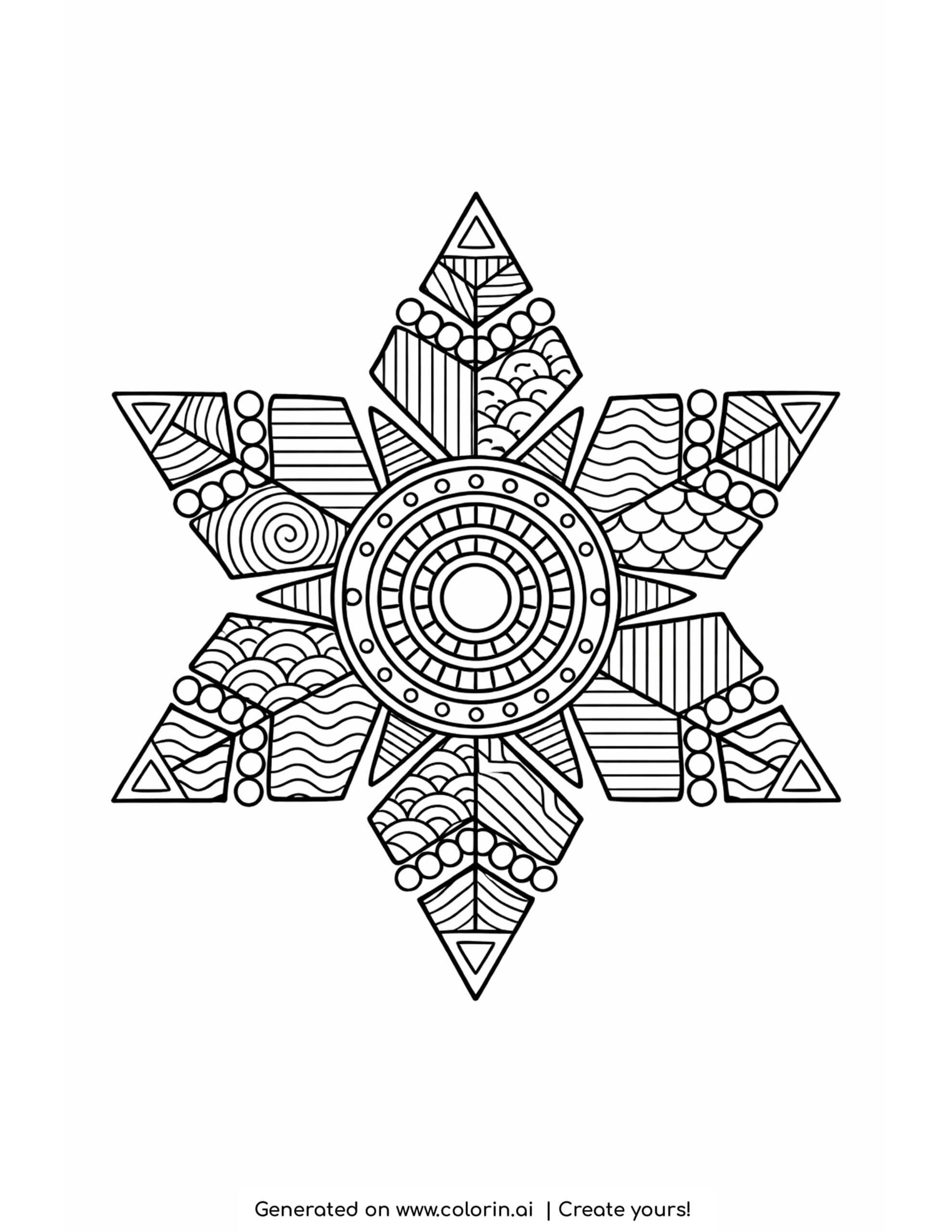 christmas adult coloring pages, a zentangle snowflake medallion with six patterned arms and a detailed circular center