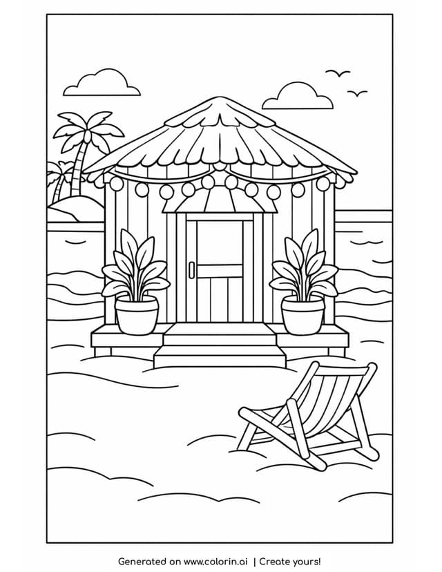 Beach Hut With Chair By Sea Coloring Page Colorin AI beach-hut-with-chair-by-sea-coloring-page-colorin-ai