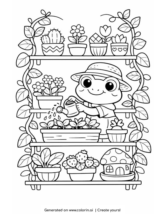 Frog Watering Plants On Shelves Coloring Page Colorin AI frog-watering-plants-on-shelves-coloring-page-colorin-ai