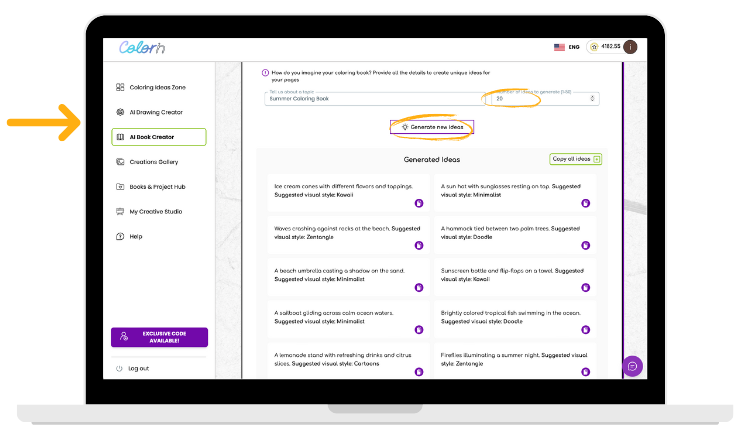 AI coloring book automation configuration screen with batch create settings