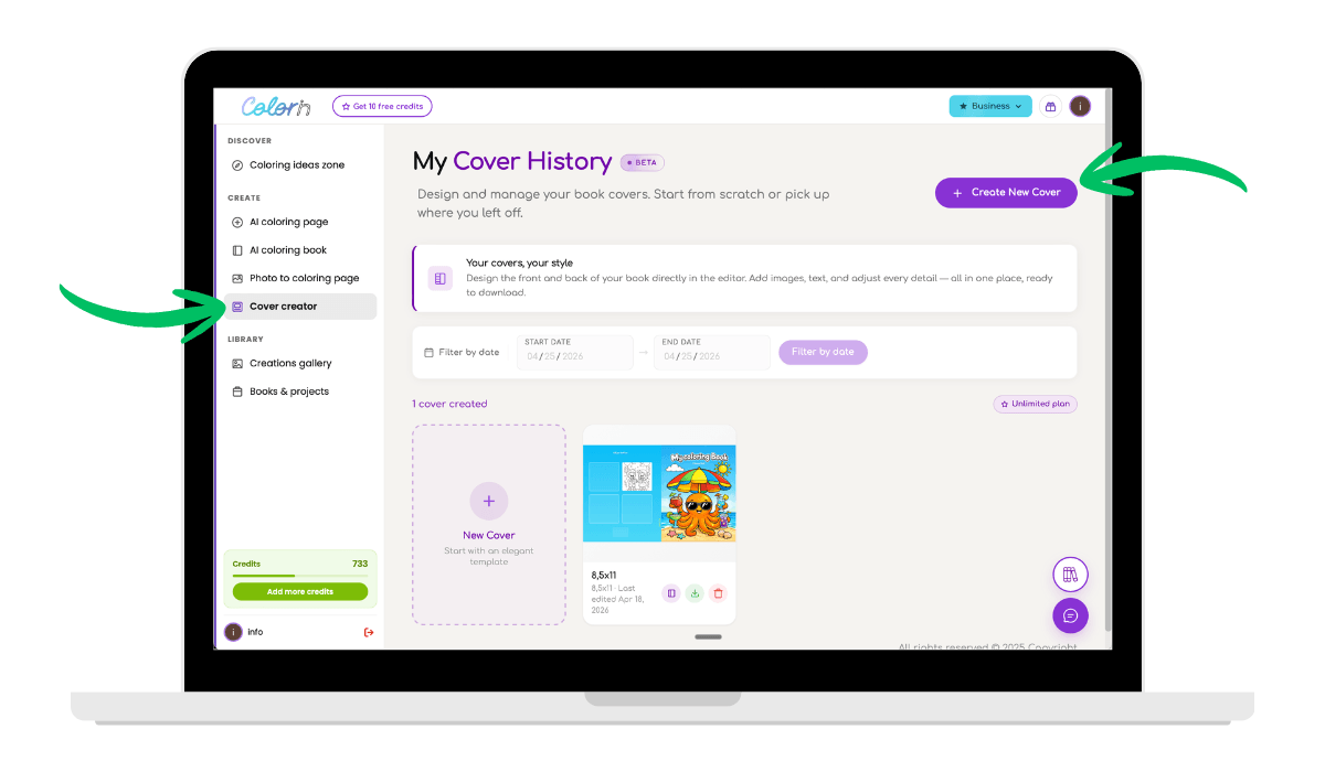 Cover Creator section in Colorin AI showing existing covers and option to create a new cover from a template