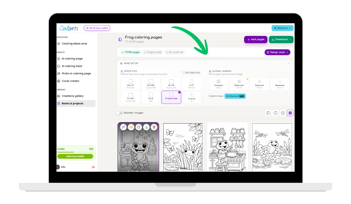 Books and Projects hub showing paper size options and global margin settings for a frog coloring book